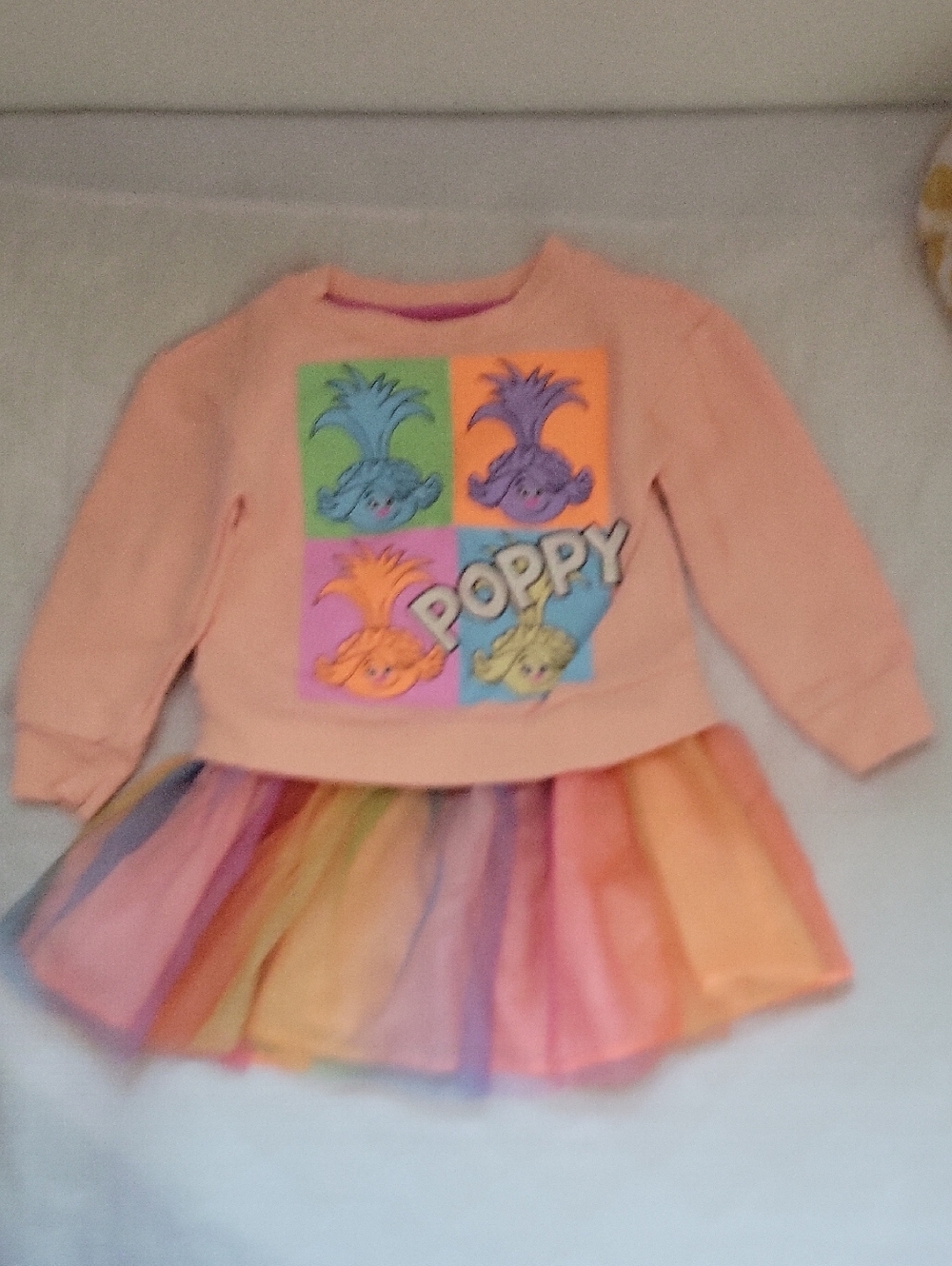 Trolls Peach Poppy Pullover with Rainbow Tulle Skirt